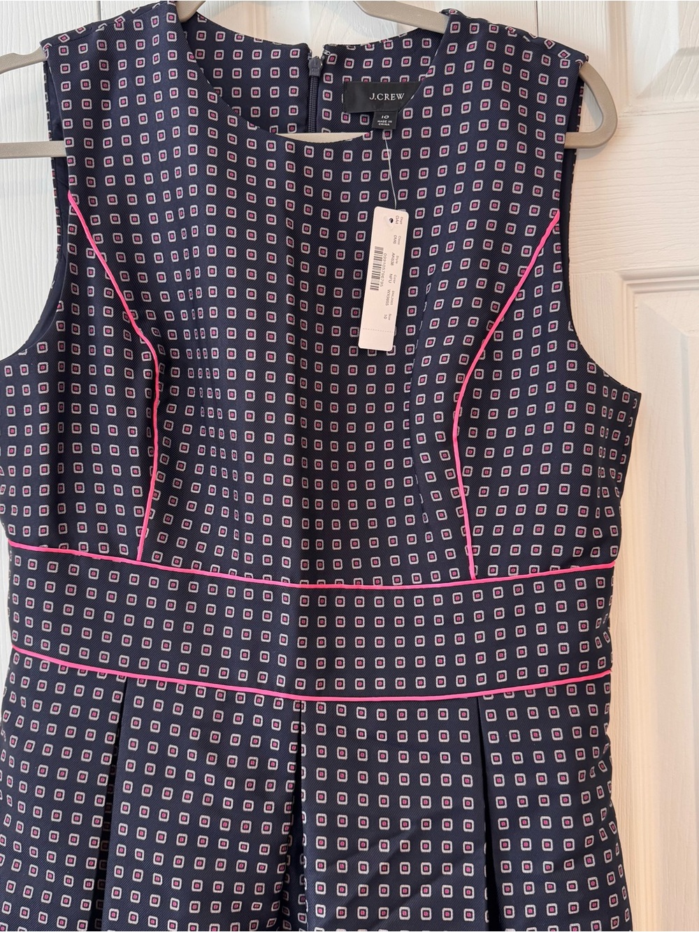 J. Crew Navy Printed Fit-and-Flare Dress with Pink Piping - Picture 4 of 6